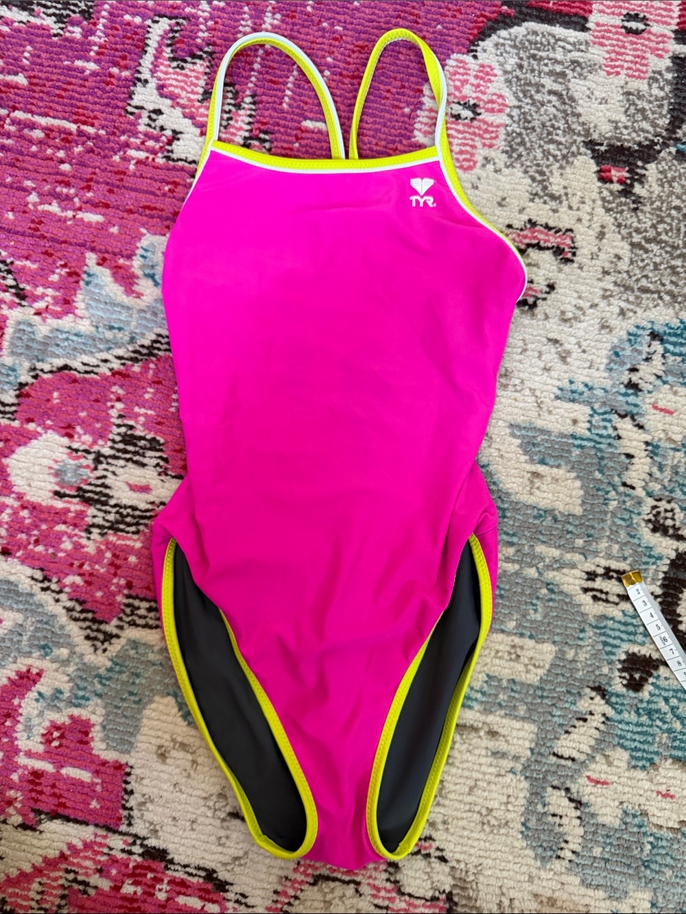 TYR Neon Pink Grey Reversible One-Piece Swimsuit with Yellow Trim
